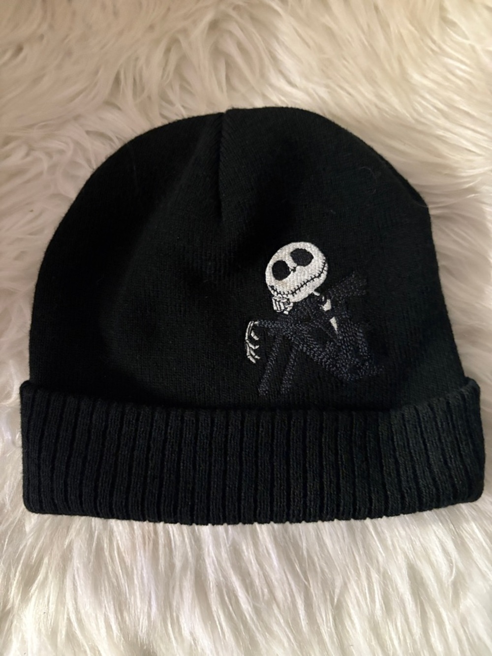 Black Knit Beanie with Embroidered Skeleton Design